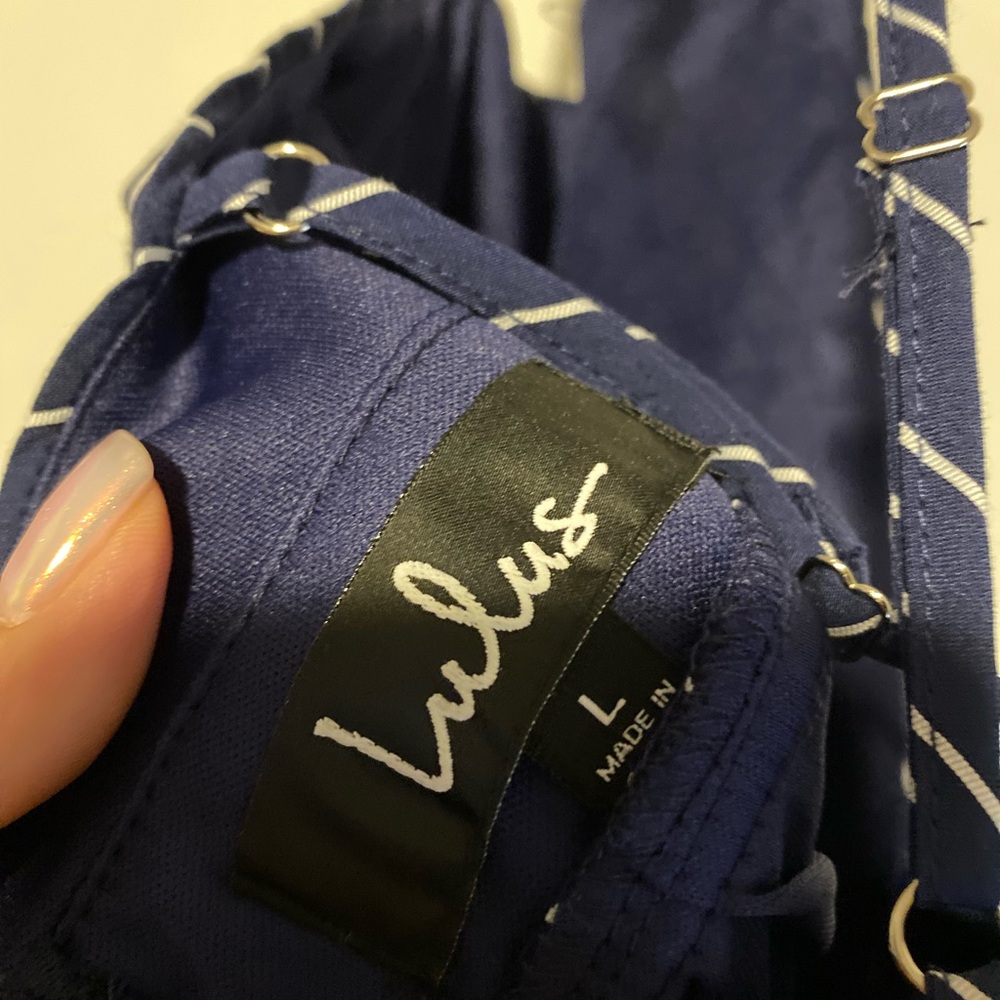 Large navy blue striped romper : Lulus